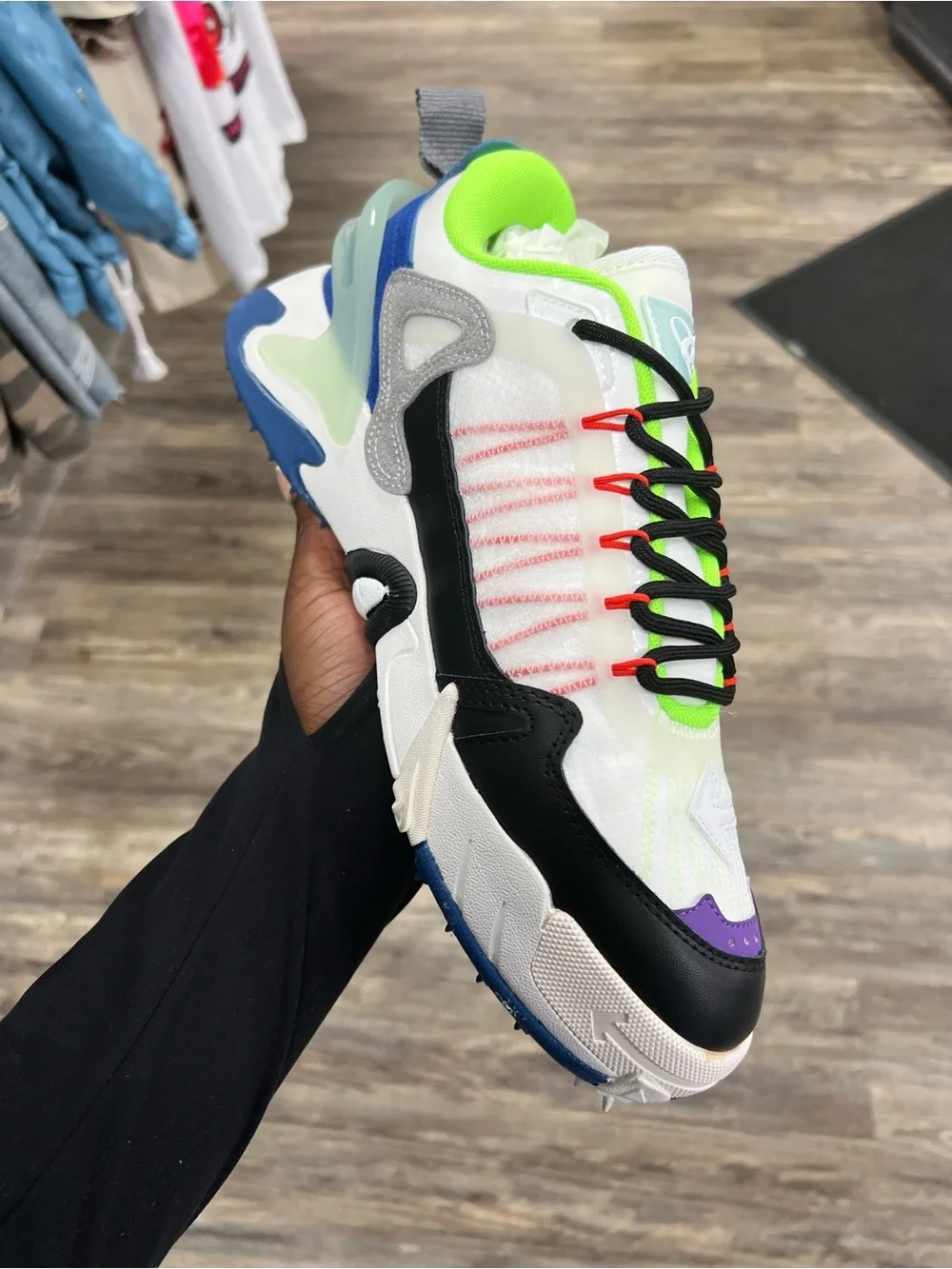 Off-White Style Multi-Color Sneaker with Neon Green Collar